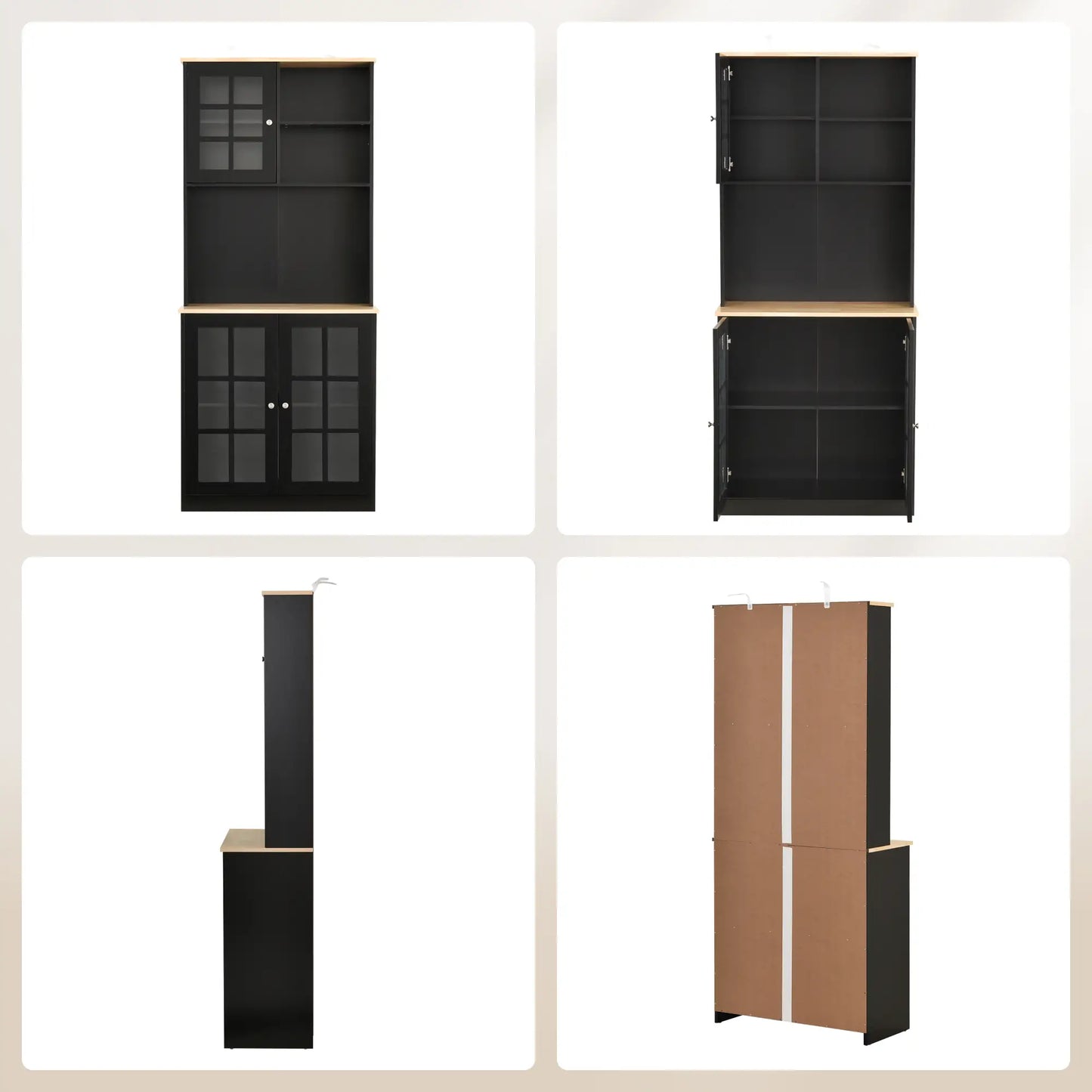 Buffet de cuisine avec armoire, 3 armoires, 2 étagères, noir