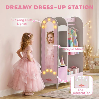 Portant à vêtements pour enfants avec miroir, tiroir et étagères, rose