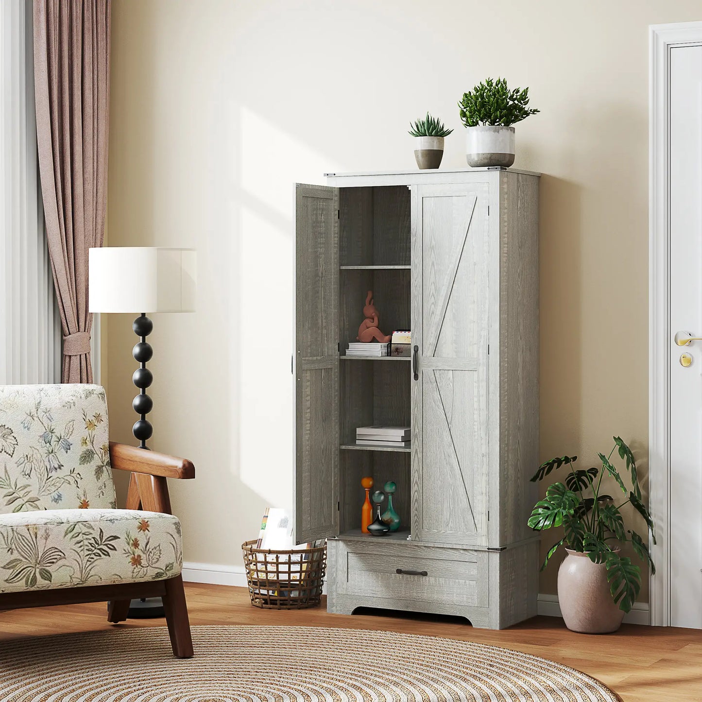 72" Farmhouse Pantry Cabinet, Adjustable Shelves, 2 Doors, Distressed, Light Grey Storage Cabinets at Gallery Canada