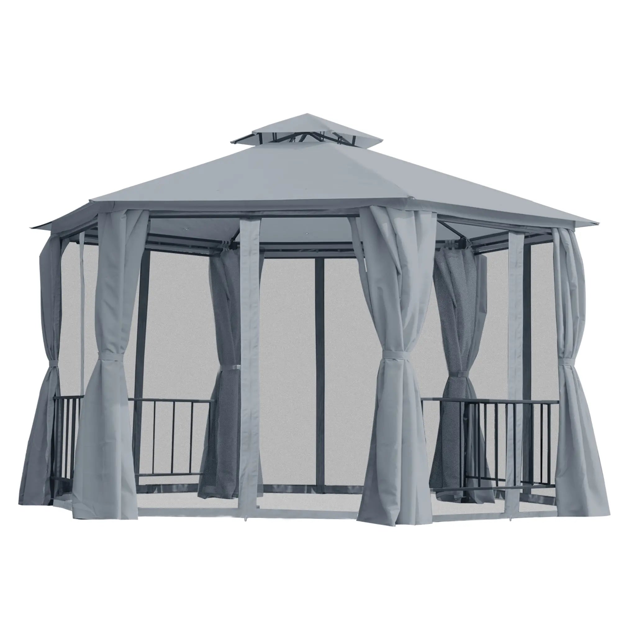 13ft Hexagon Gazebo, Outdoor Canopy Shelter, Netting, Shaded Curtains, Grey Gazebos at Gallery Canada
