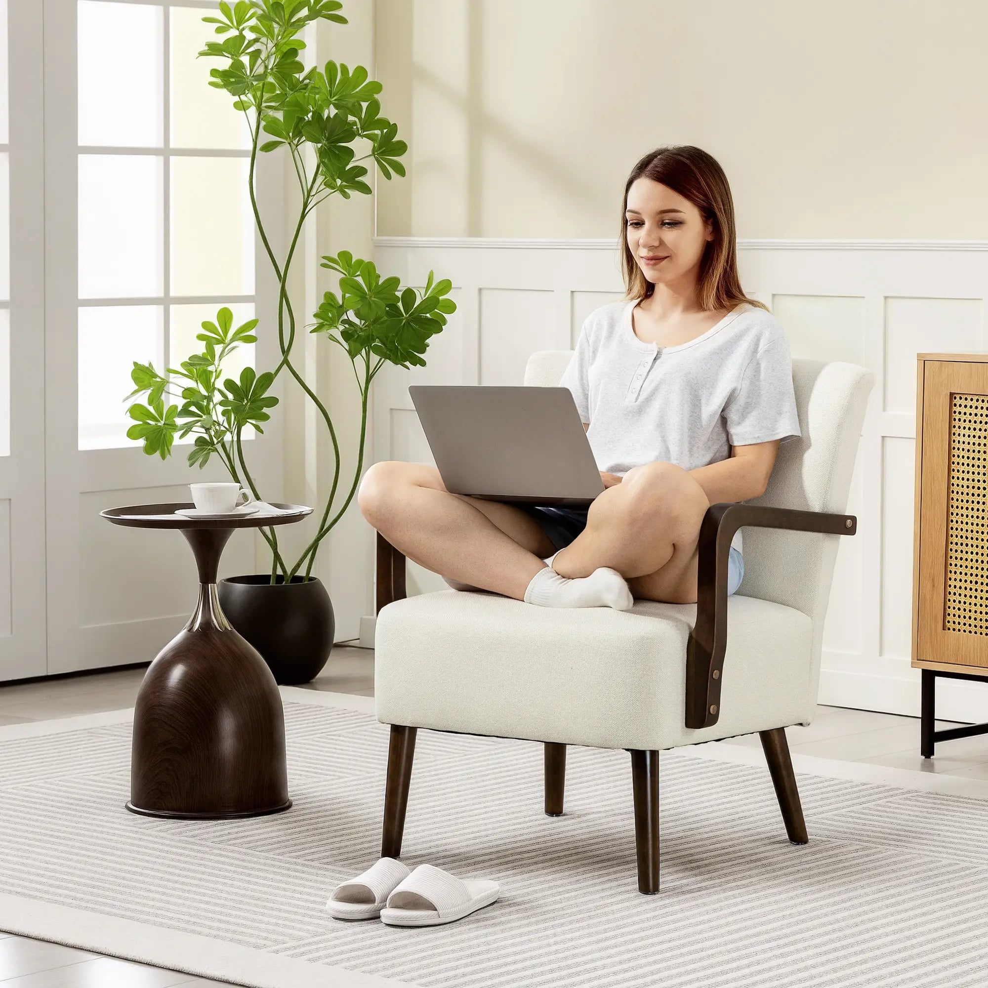 Accent Chair, Wooden Legs, Linen Fabric, Thick Padding, Cream White Accent Chairs at Gallery Canada