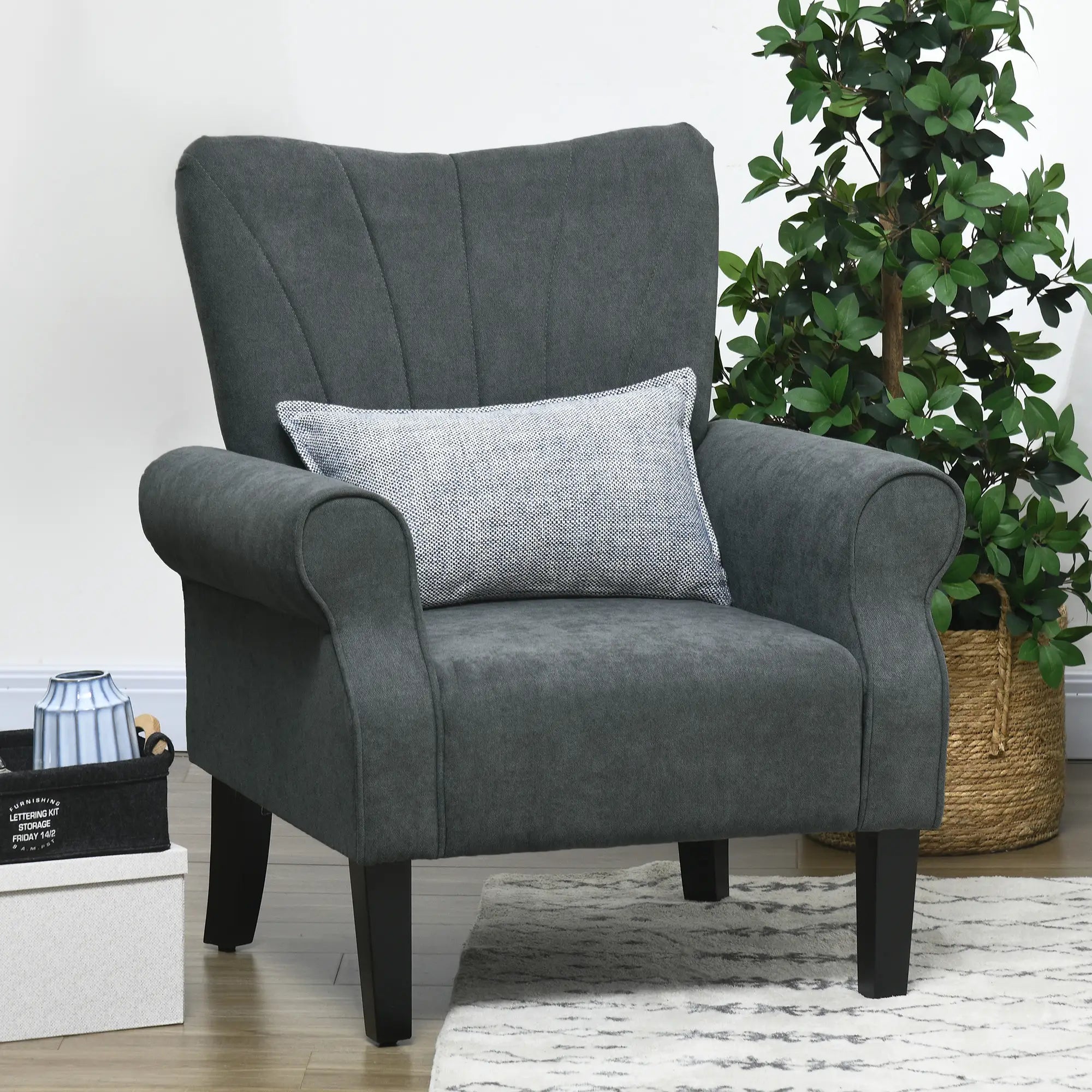Modern Fabric Armchair, Wood Legs, Living Room, Bedroom, Dark Grey Accent Chairs at Gallery Canada