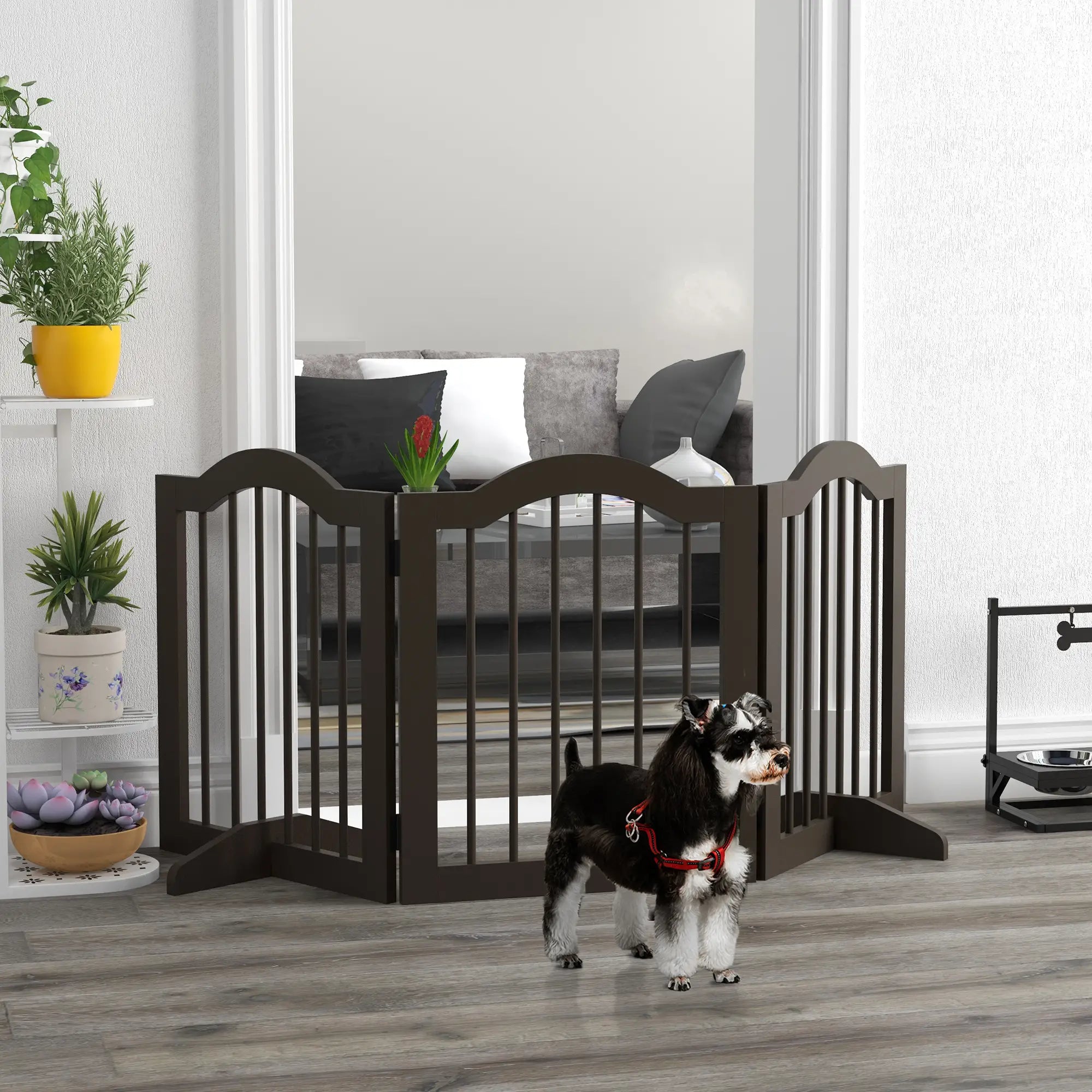 24 Inch Freestanding Pet Gate, 2 Support Feet, Coffee Pet Gates at Gallery Canada