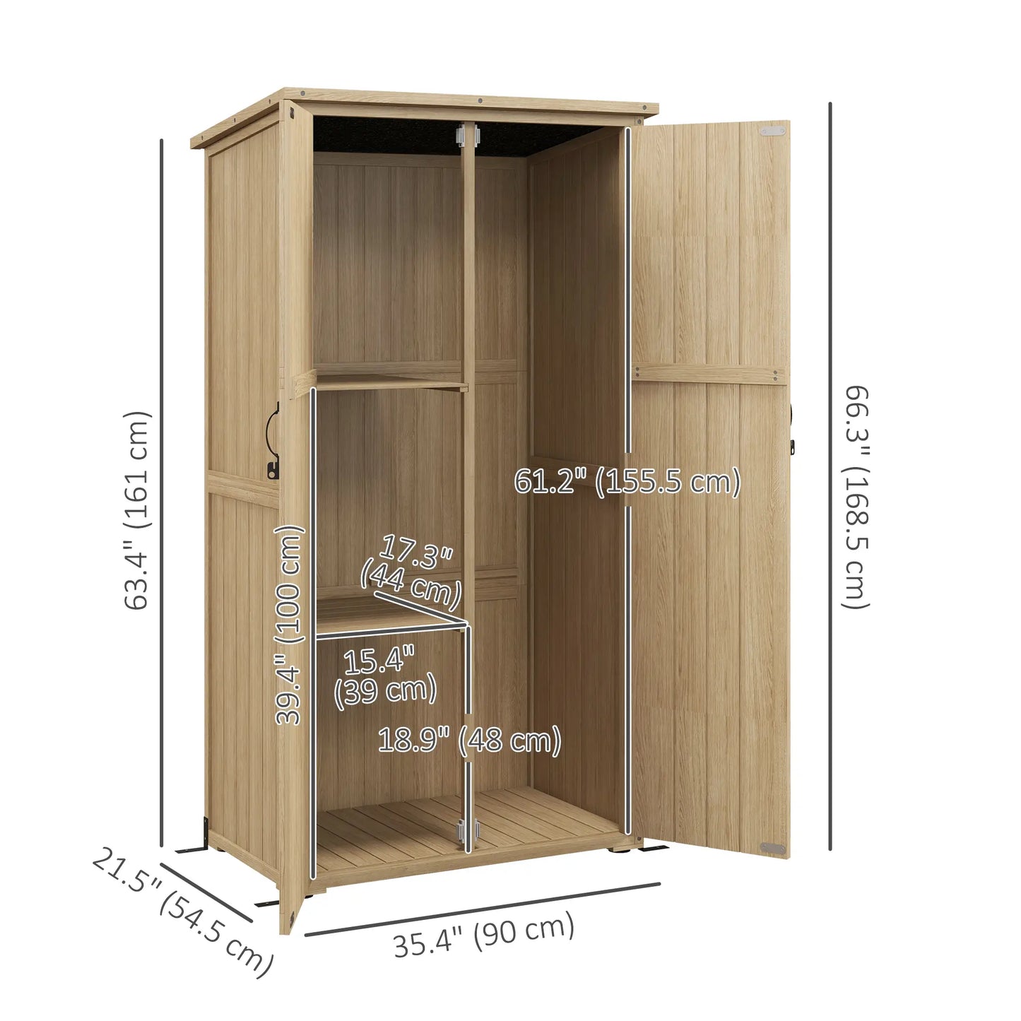Wooden Outdoor Storage Cabinet, Garden Shed, Waterproof Asphalt Roof, Lockable Doors, Natural