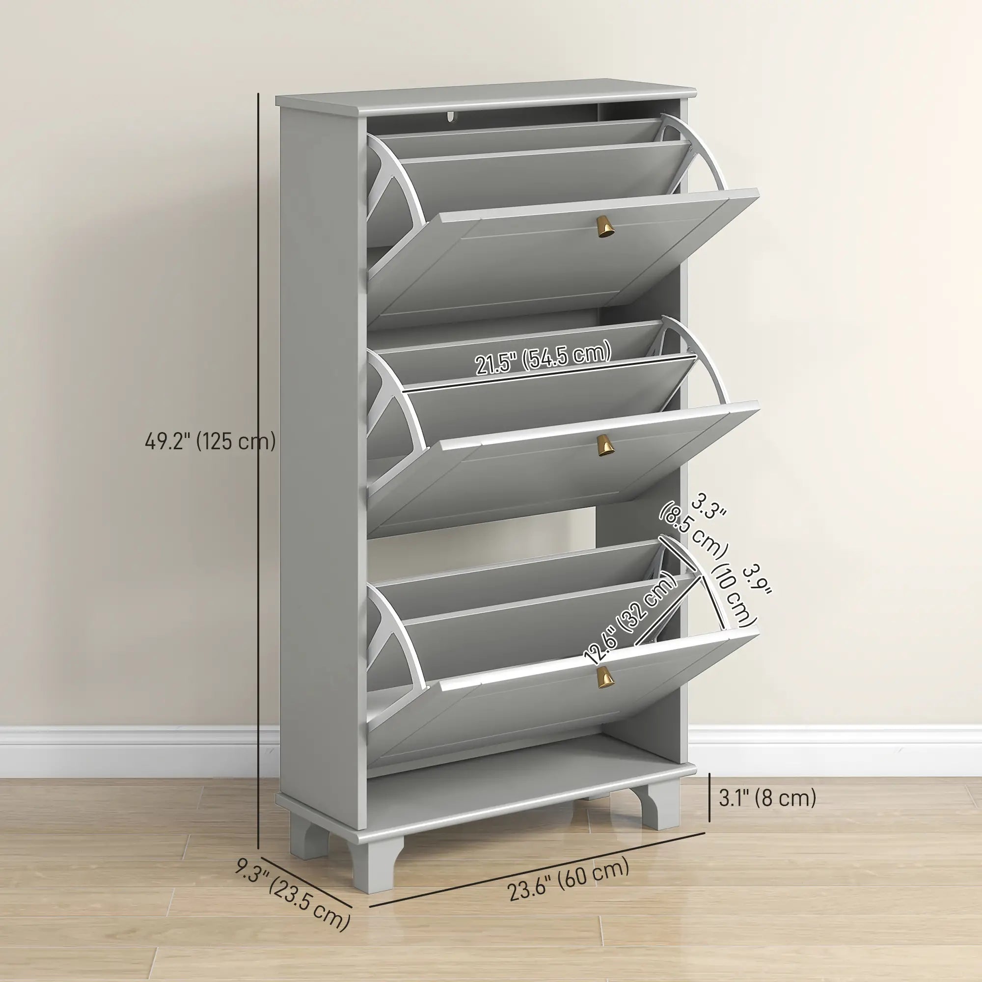 Narrow Shoe Storage, 3 Flip Drawers, Adjustable Shelves, Holds 12 Pairs, Grey Shoe Storage Cabinets & Racks at Gallery Canada
