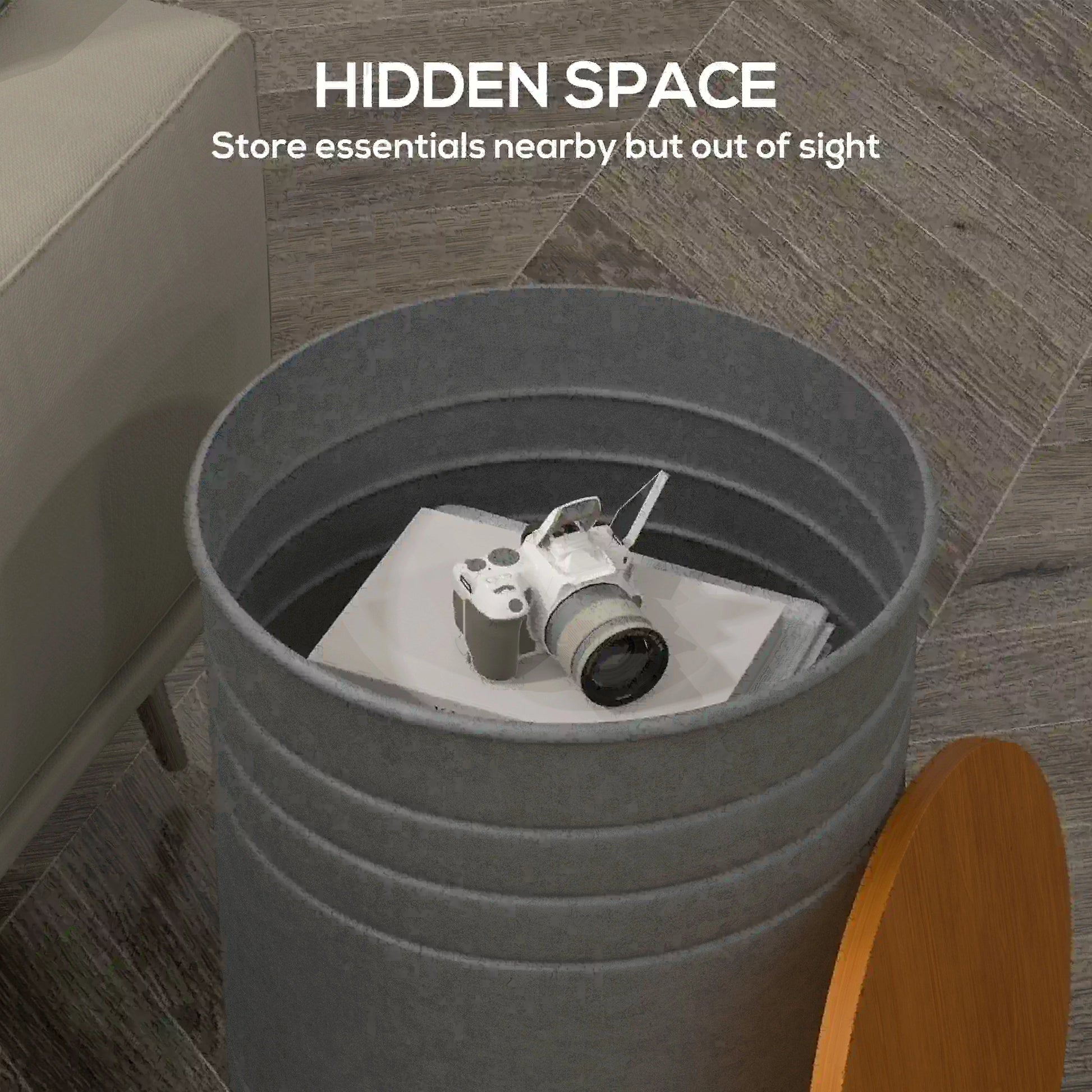 Round Side Table Set of 2, Nesting Coffee Tables, Wooden Lid, Galvanized Frame, Hidden Storage, Grey Side Tables at Gallery Canada