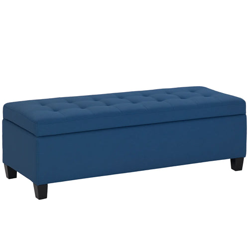 Rectangular Entry Bench, Tufted Upholstered Linen, Wood Feet, Blue