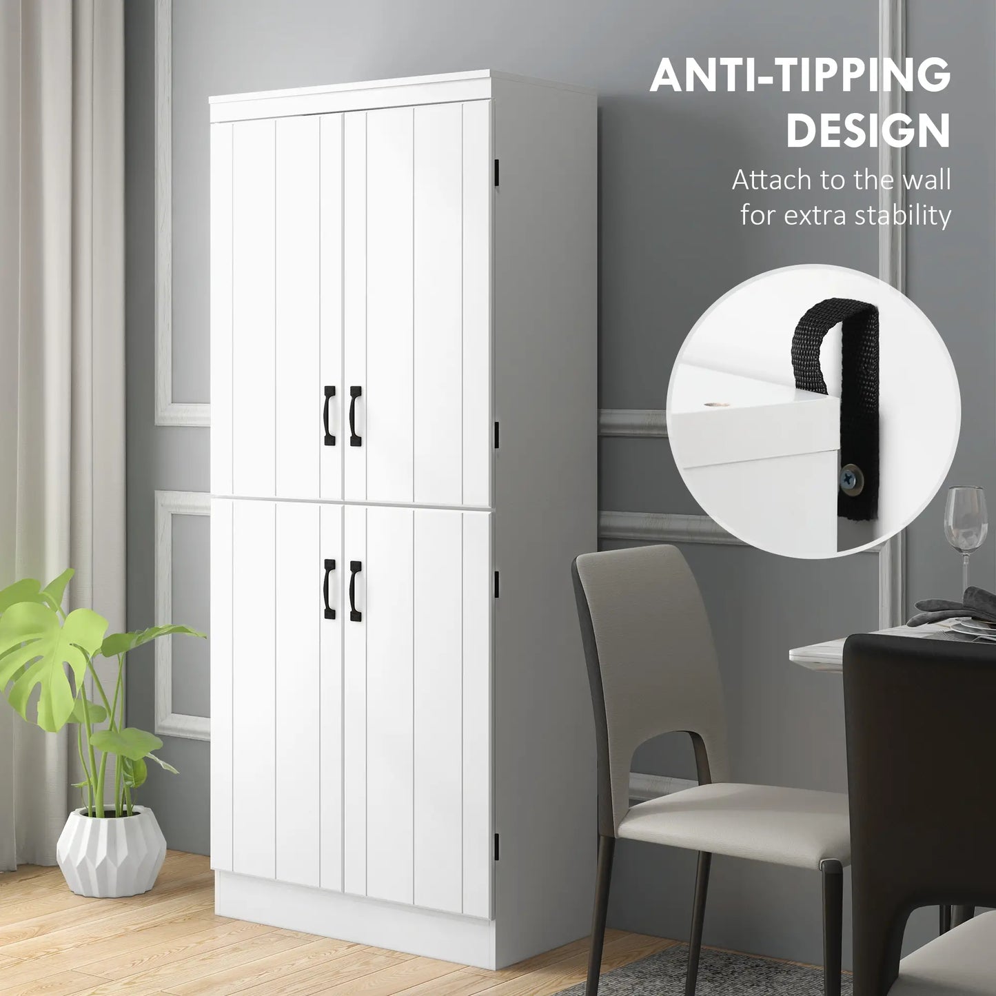 4-Door Storage Cabinet, Freestanding Pantry with Adjustable Shelves, 70", White Kitchen Pantry Cabinets at Gallery Canada