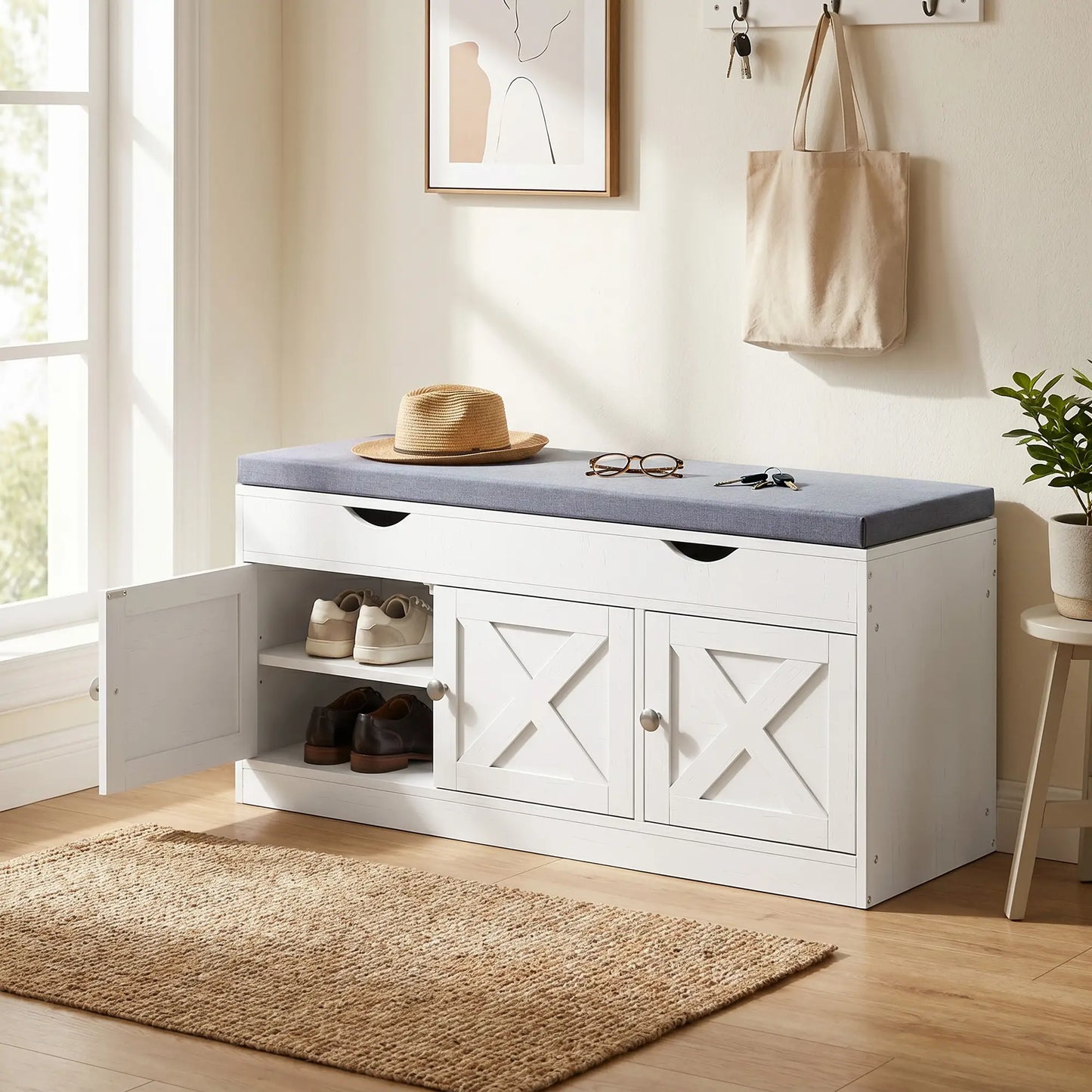 3-Door Shoe Bench with Cushion, Adjustable Shelves, White