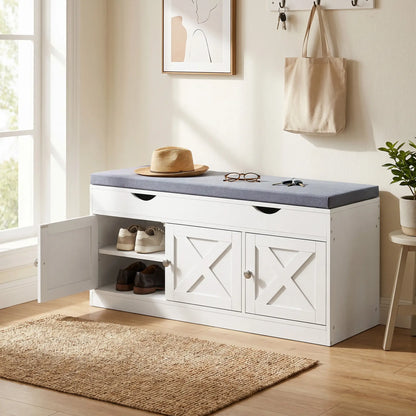 3-Door Shoe Bench with Cushion, Adjustable Shelves, White