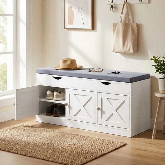 3-Door Shoe Bench with Cushion, Adjustable Shelves, White Shoe Storage Cabinets & Racks White Wood Grain, Grey at Gallery Canada