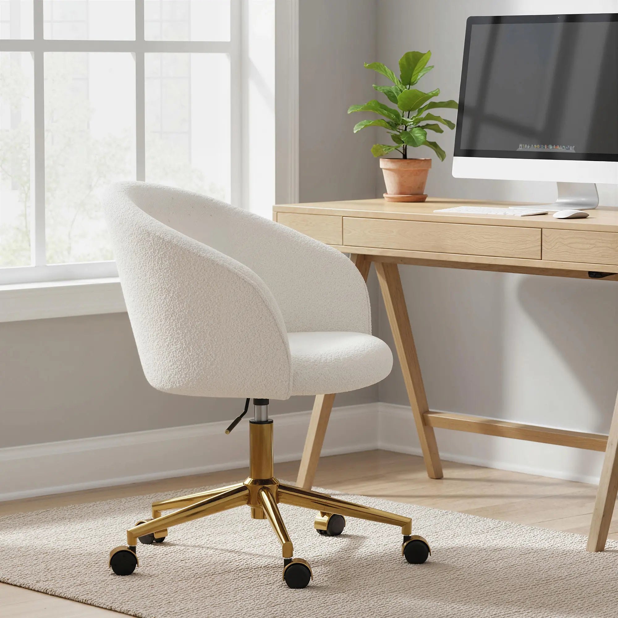 Office Chair, Teddy Fleece Upholstered Vanity Desk Chair, Cream White Task Chairs at Gallery Canada