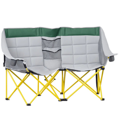 62" W Double Seat Camping Chair, Folding Lawn Loveseat, Storage Pocket, Cup Holder, Green Picnic Tables & Camping Chairs Green, Grey & Yellow at Gallery Canada