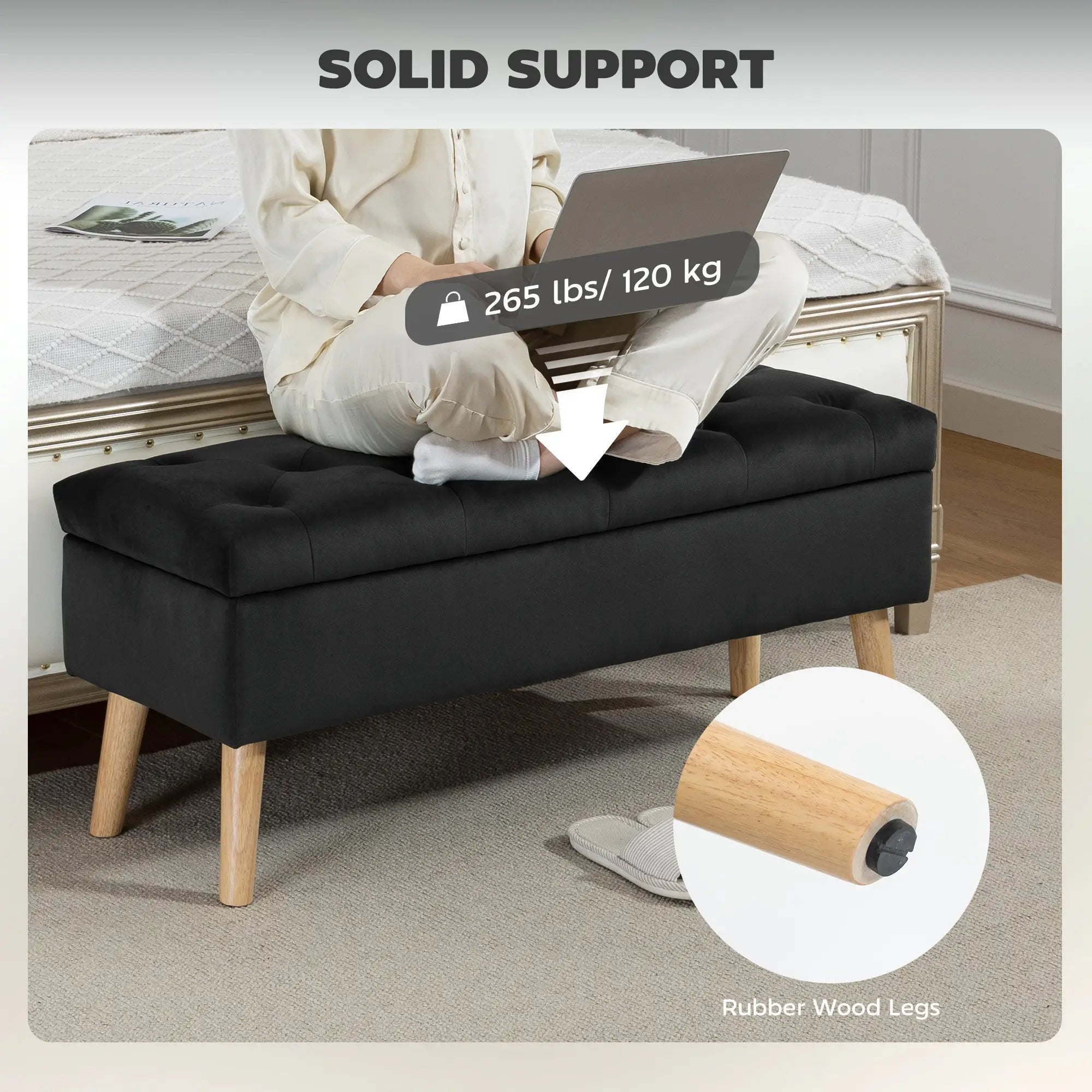 Velvet Storage Ottoman with Lid, Wood Legs, Black Storage Ottomans & Benches at Gallery Canada