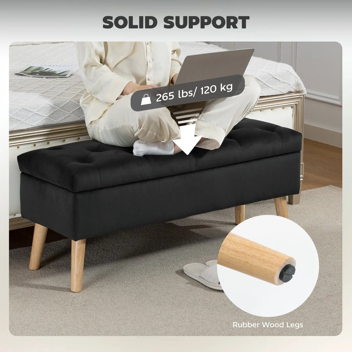 Velvet Storage Ottoman with Lid, Wood Legs, Black Storage Ottomans & Benches at Gallery Canada