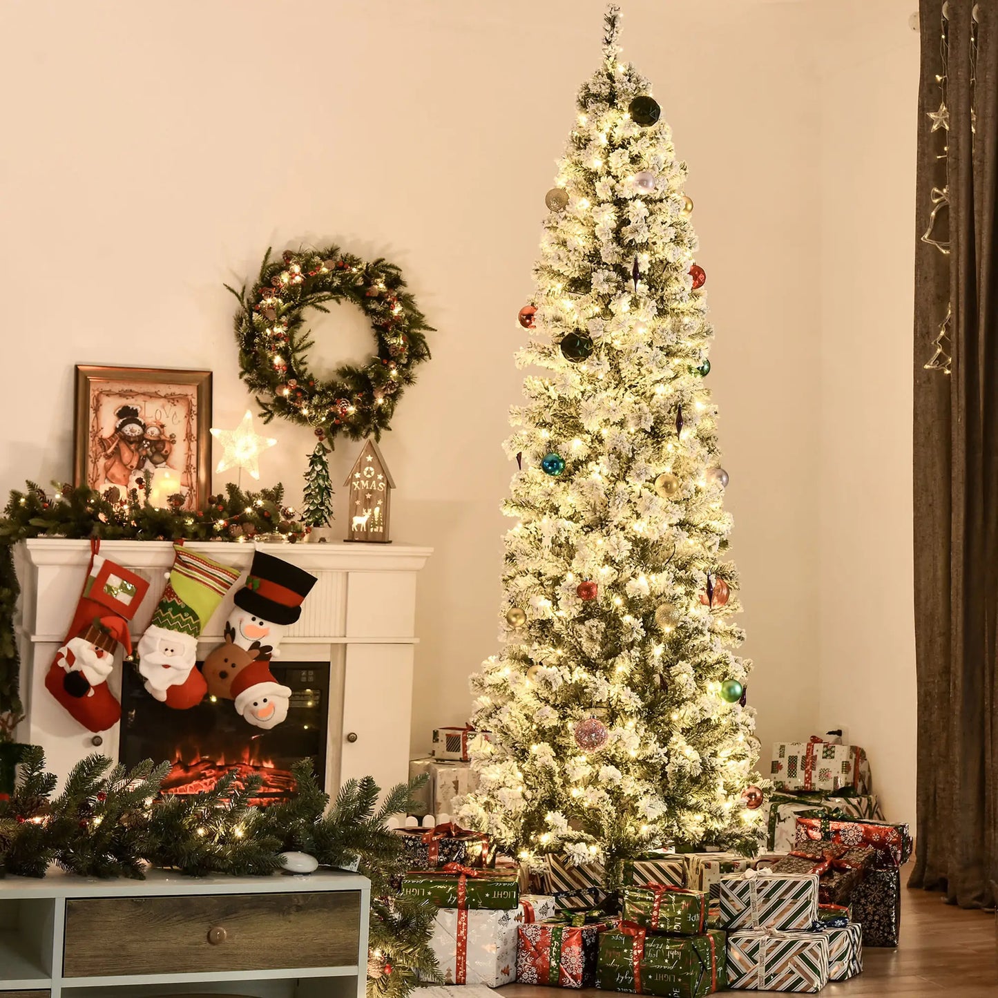 7.5 Feet Prelit Snow Flocked Christmas Tree, Warm White LED, Green, White Pre Lit Christmas Trees at Gallery Canada