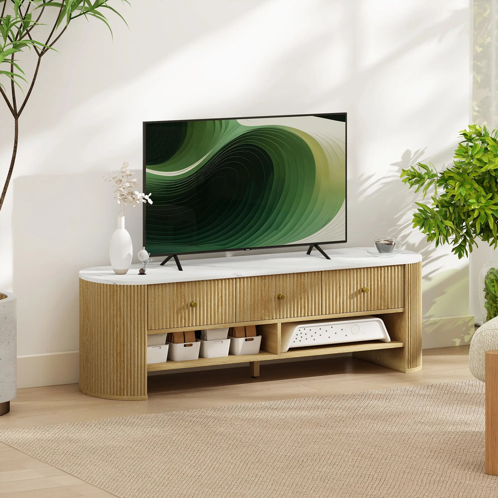 Modern TV Stand, Marble-Effect Top, 3 Drawers, 2 Shelves, 32-65 Inch, Natural TV Stands at Gallery Canada