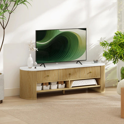 Modern TV Stand, Marble-Effect Top, 3 Drawers, 2 Shelves, 32-65 Inch, Natural TV Stands at Gallery Canada