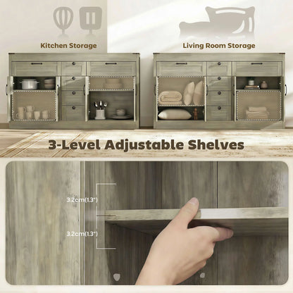 55" Farmhouse Sideboard Buffet Cabinet, 4 Barn Doors, 6 Drawers, Grey Bar Cabinets at Gallery Canada