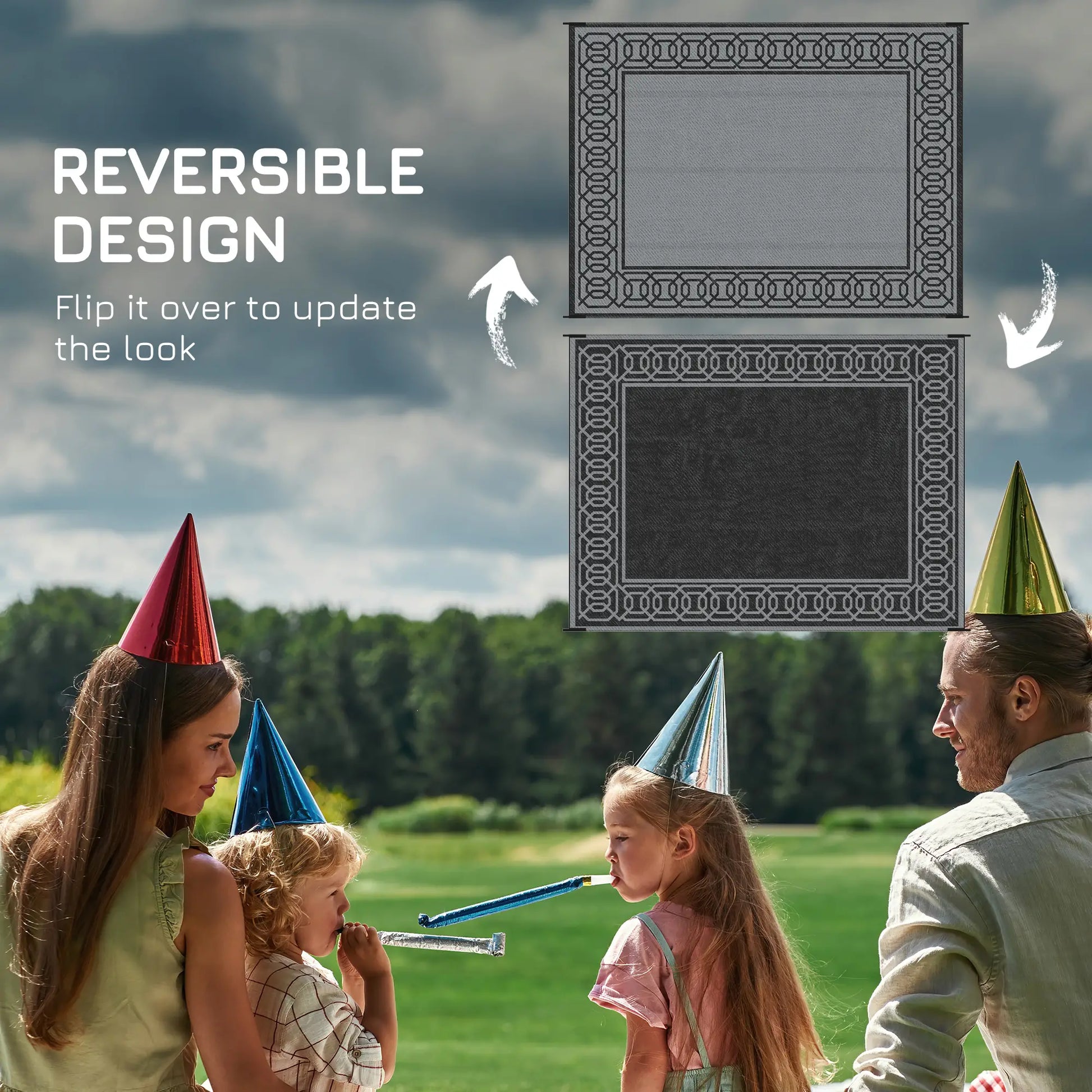 Portable Outdoor Rug, 9' x 12', Waterproof, Reversible, Black and Grey Outdoor Reversible Rugs at Gallery Canada