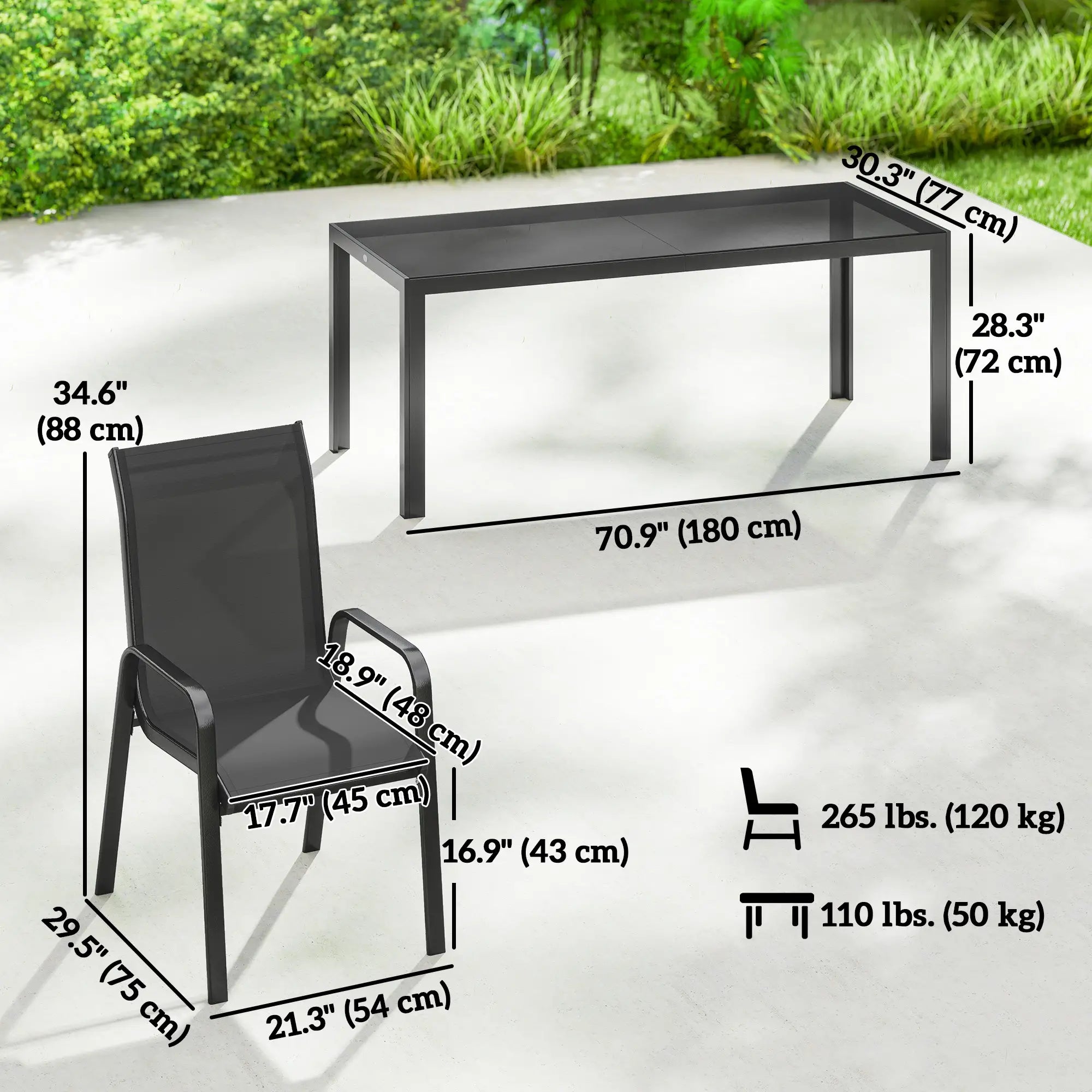 9 Piece Patio Set, Stackable Chairs, Glass Top, Black Outdoor Dining Sets at Gallery Canada