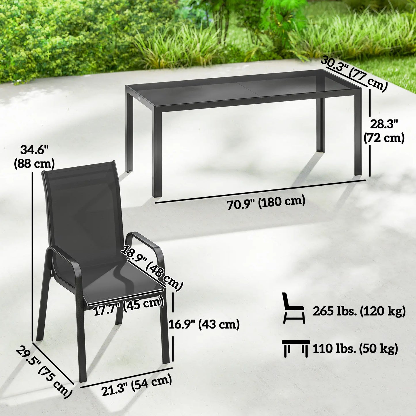9 Piece Patio Set, Stackable Chairs, Glass Top, Black Outdoor Dining Sets at Gallery Canada