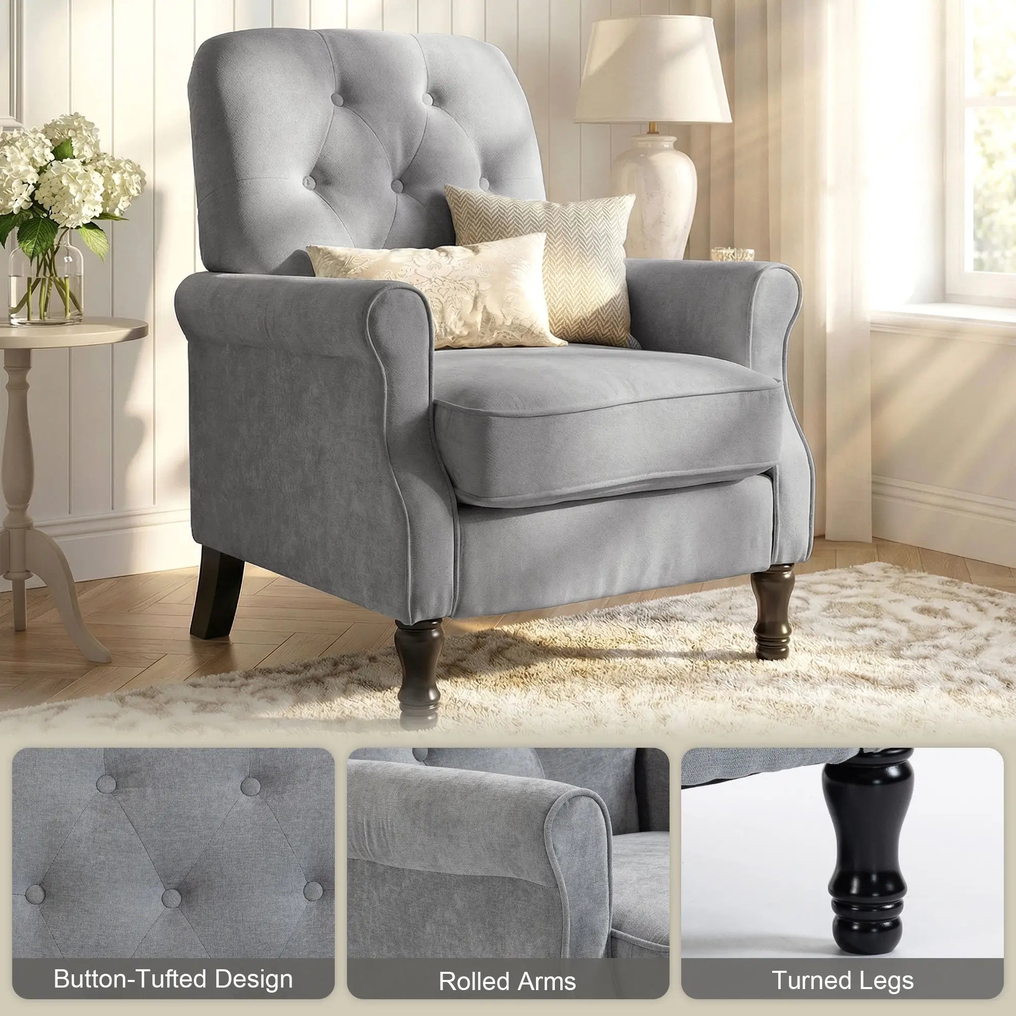 Mid-Century Modern Armchair, Thick Padded Seat, Spring Cushion, Solid Wood Legs, Grey Single Sofas at Gallery Canada