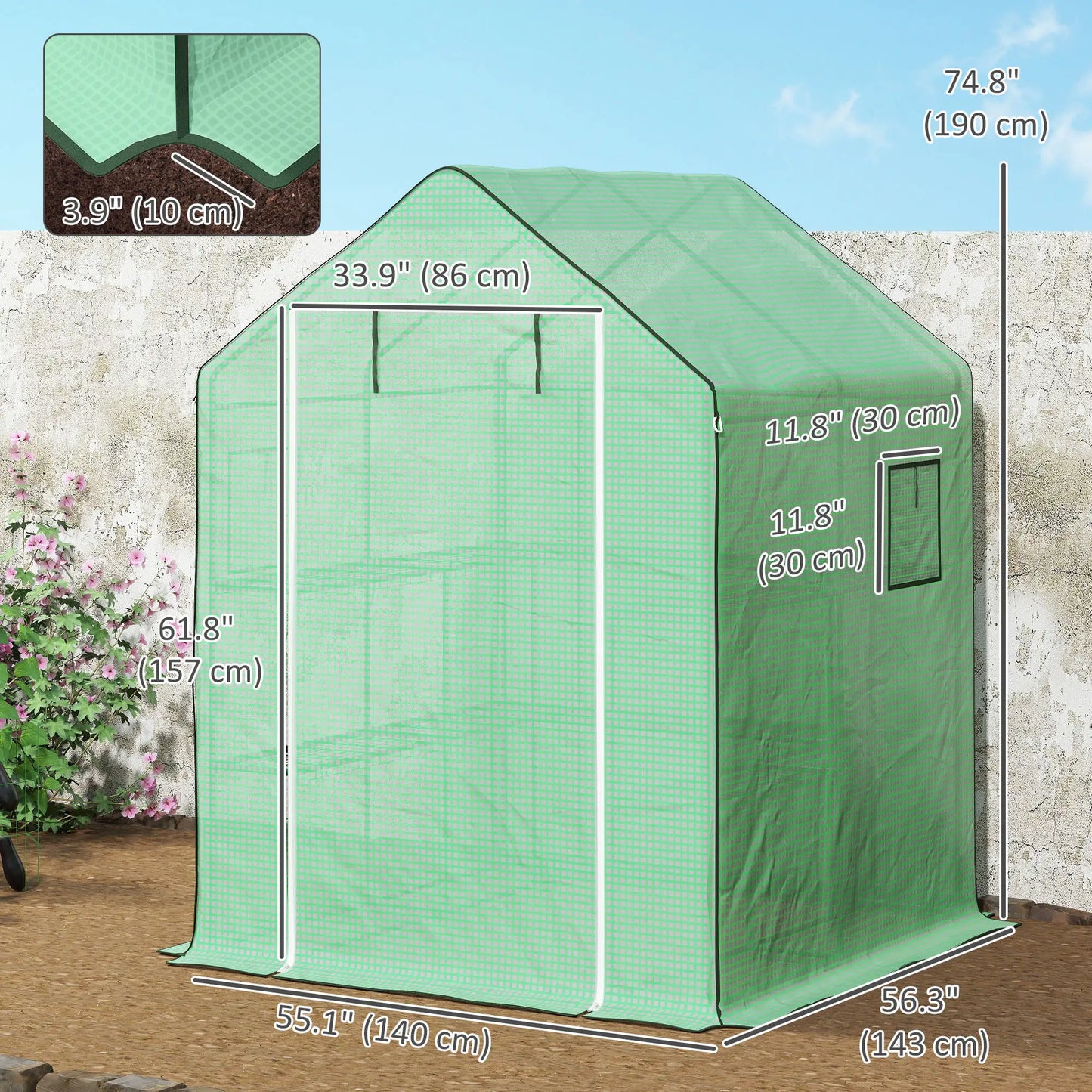 Portable Walk-In Greenhouse, 4.6' x 4.7', 2 Tier U-Shaped Shelves, Green
