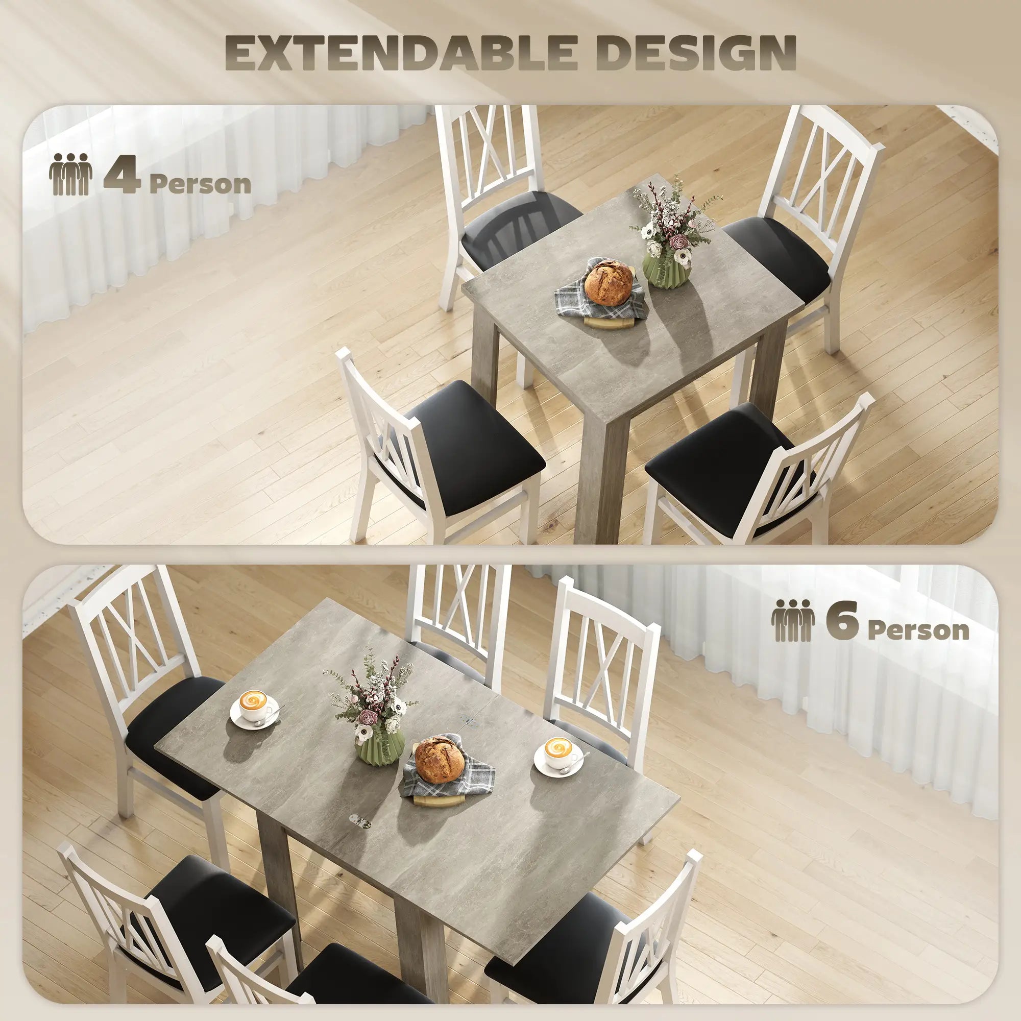 55 Inch Extendable Dining Table for 4-6 Person, Kitchen Table, Grey Dining Tables at Gallery Canada