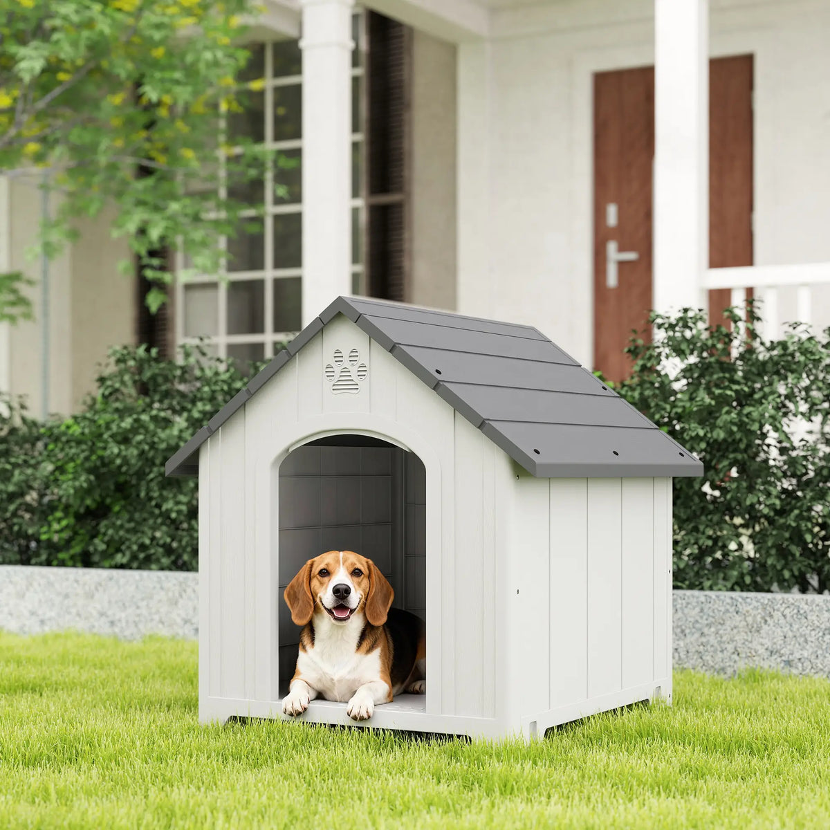 Large Plastic Dog House Outdoor Indoor, Water Resistant Puppy Shelter with Base Support, 34.6" L x 31.1" W x 35" H Dog Cages & Crates at Gallery Canada
