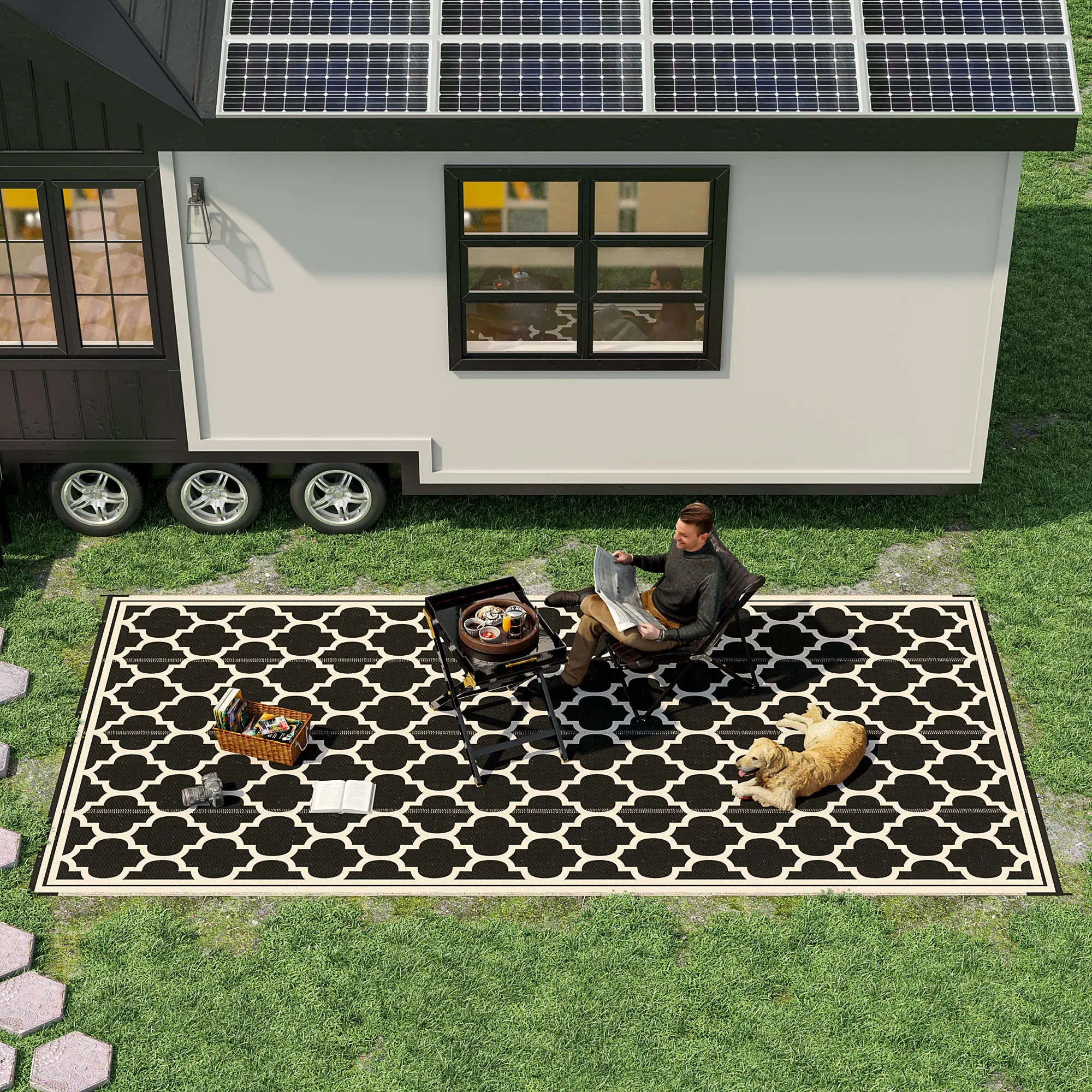 Reversible Outdoor RV Rug, 9' x 18', Patio Floor Mat, Black and Beige Outdoor Reversible Rugs at Gallery Canada