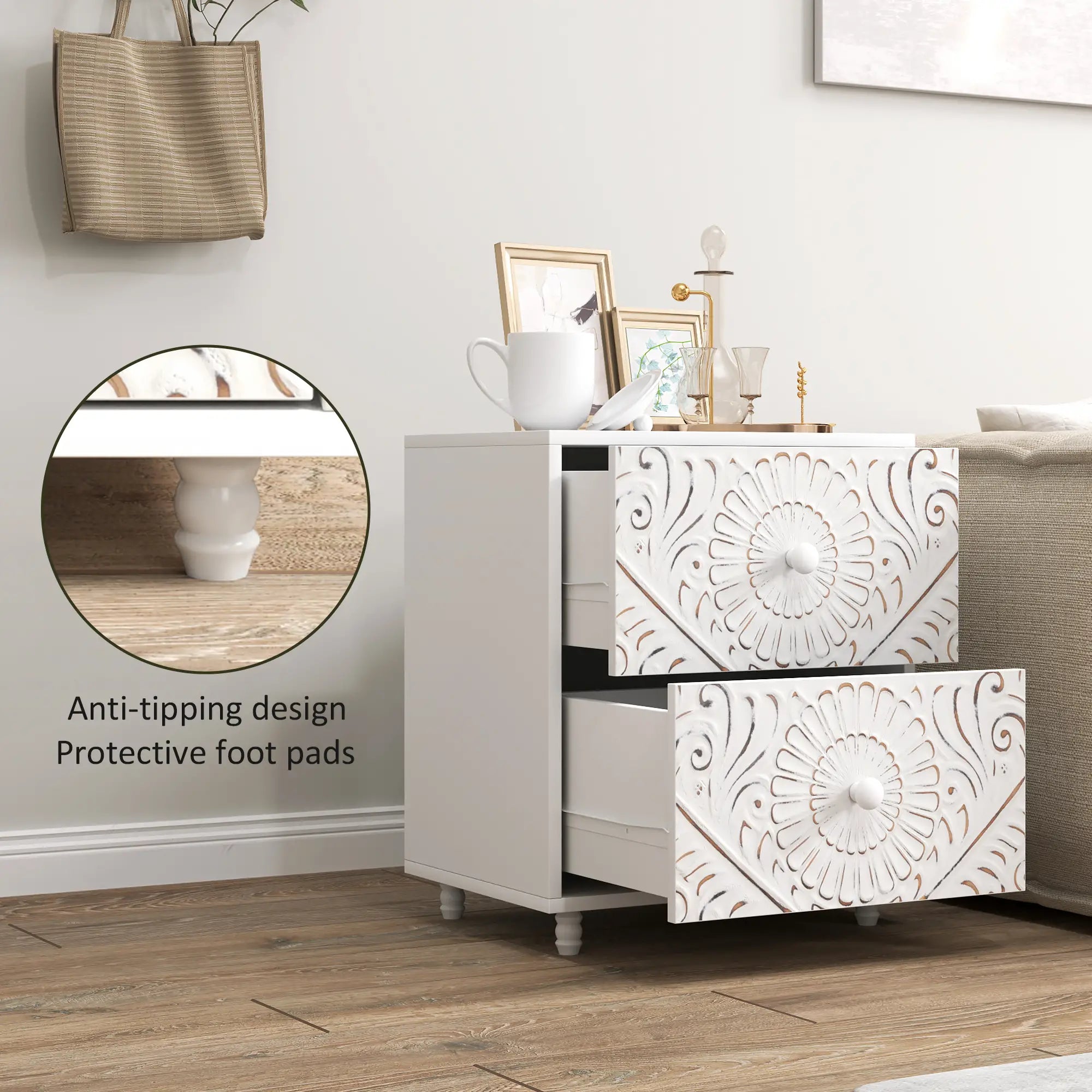 Mid-Century Bedside Table, Nightstand with 2 Drawers, White Bedside Tables at Gallery Canada