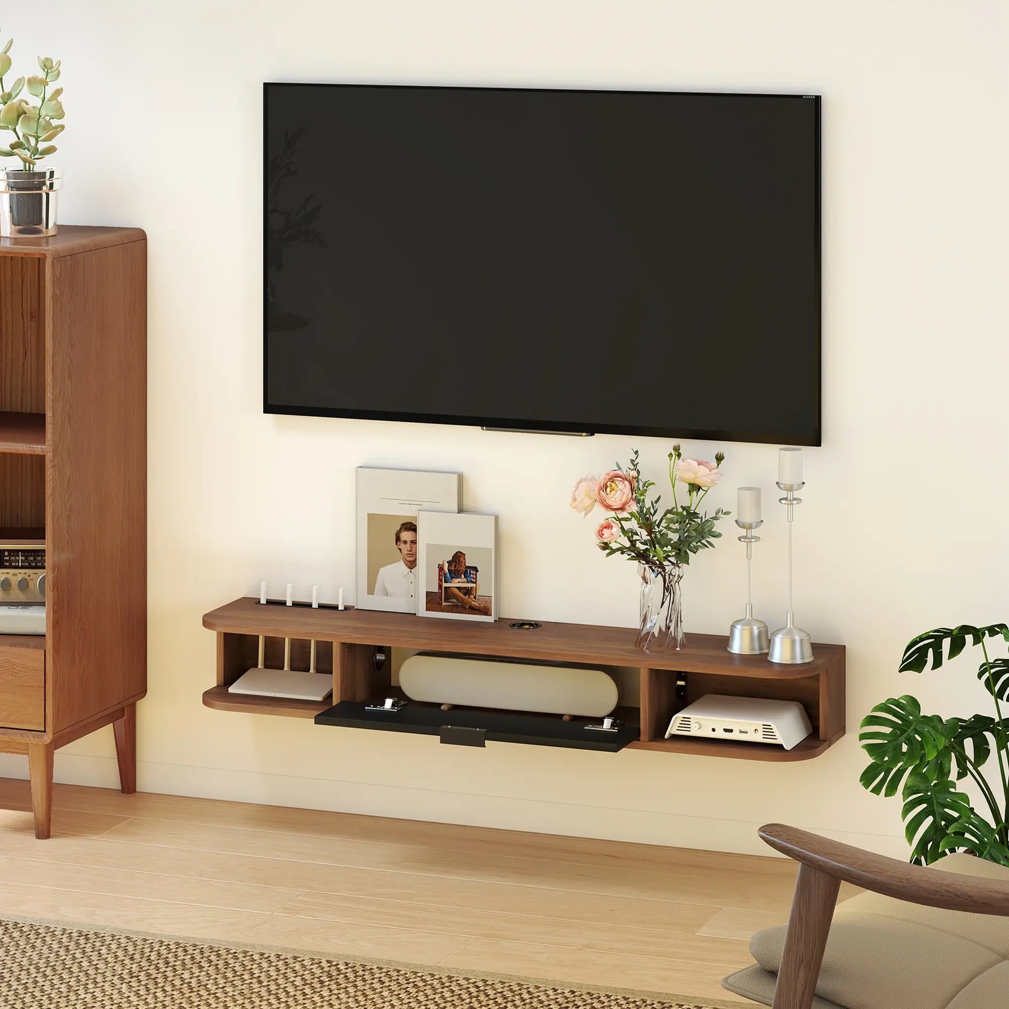 47 Inch Floating TV Stand, Wall Mounted Media Console, Flip Drawer, 2 Open Shelves, Walnut TV Stands at Gallery Canada