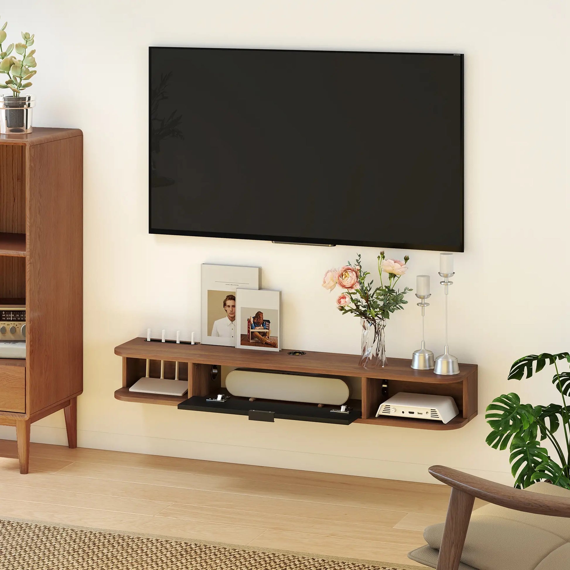 47 Inch Floating TV Stand, Wall Mounted Media Console, Flip Drawer, 2 Open Shelves, Walnut TV Stands at Gallery Canada