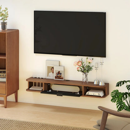 47 Inch Floating TV Stand, Wall Mounted Media Console, Flip Drawer, 2 Open Shelves, Walnut TV Stands at Gallery Canada