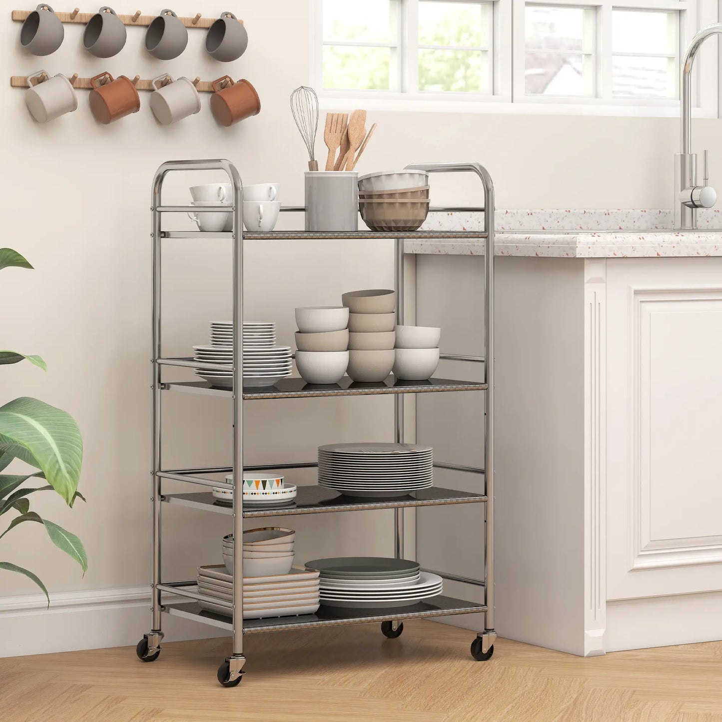 4 Tier Stainless Steel Rolling Cart, Adjustable Shelves, Wheels, Silver Kitchen Islands & Kitchen Carts at Gallery Canada