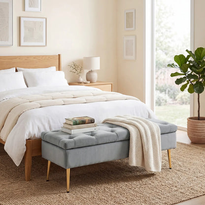 Upholstered Bedroom Bench with Gold Tone Metal Legs, Velvet Tufted and Thick Padding, Grey