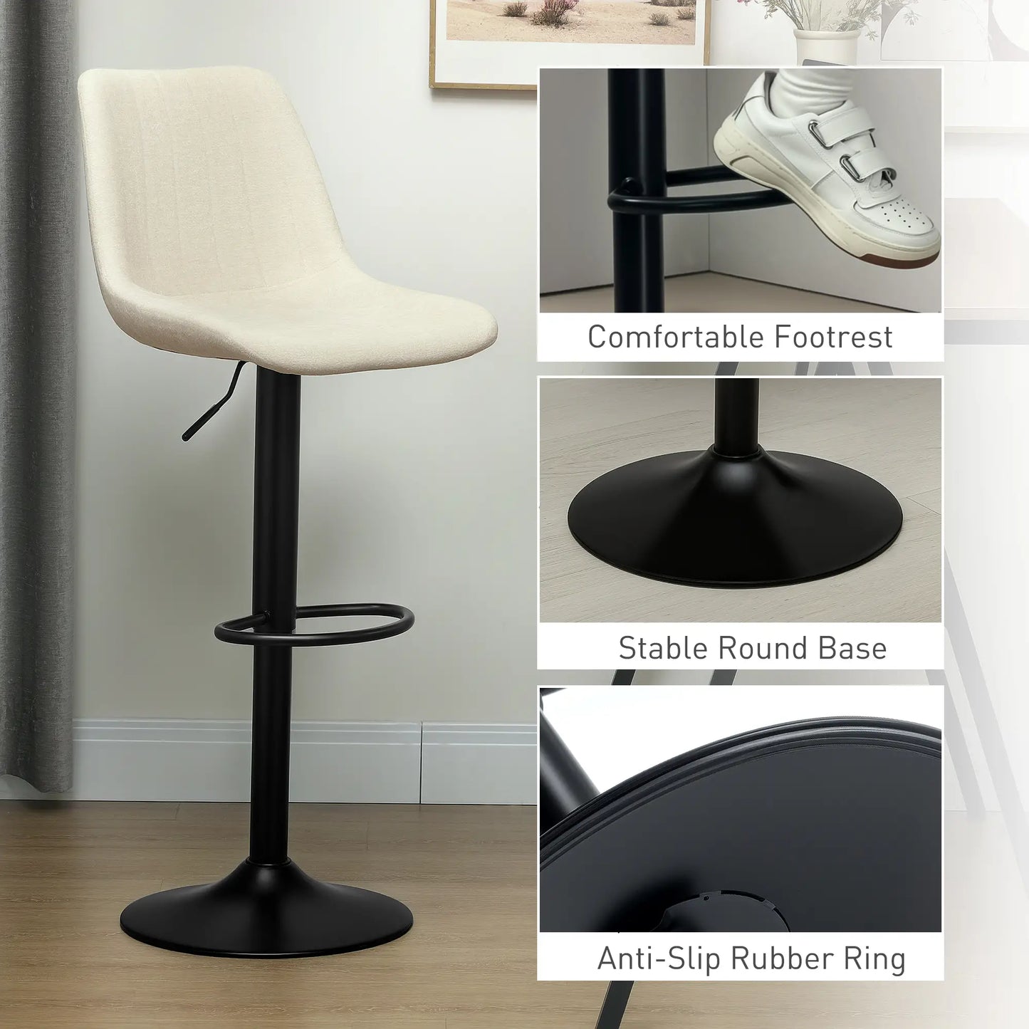 Adjustable Barstools Set of 2, Swivel with Back, Footrest, Beige Bar Stools at Gallery Canada
