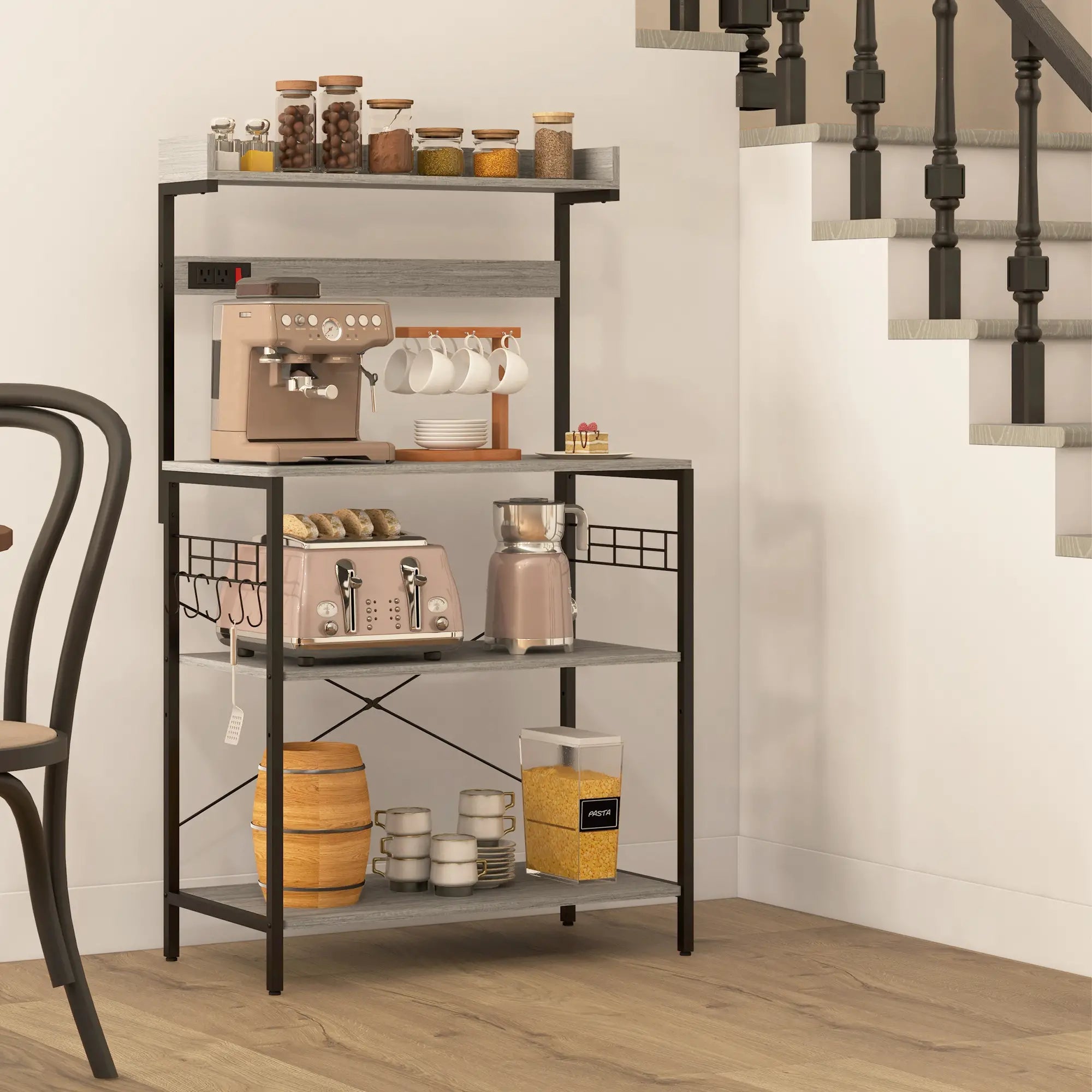 Kitchen Baker's Rack with Power Outlet, Coffee Bar Station with Adjustable Shelves and Hooks, Distressed Grey Bar Cabinets at Gallery Canada