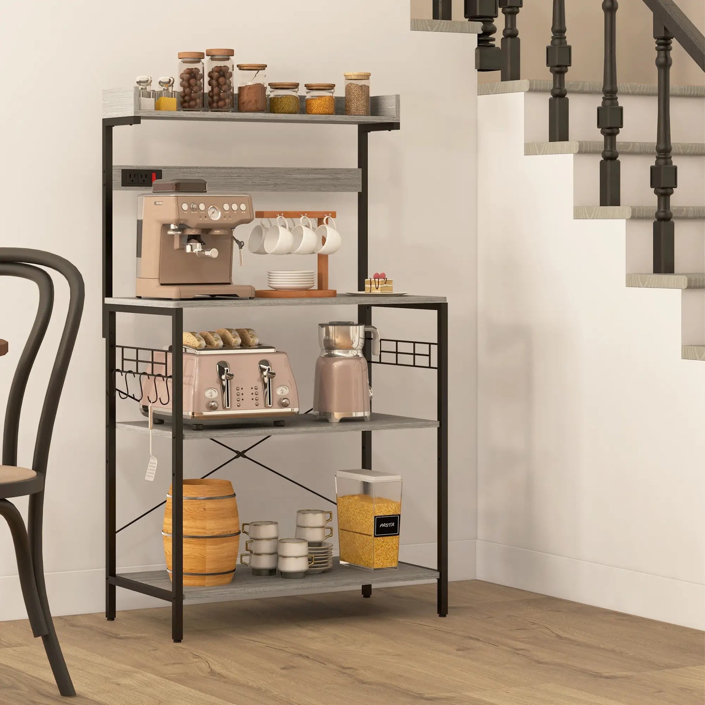 Kitchen Baker's Rack with Power Outlet, Coffee Bar Station with Adjustable Shelves and Hooks, Distressed Grey Bar Cabinets at Gallery Canada