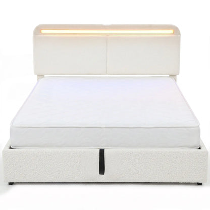 Queen Bed Frame with Charging Station, LED Lights, Adjustable Headboard, White Bed Frames White at Gallery Canada