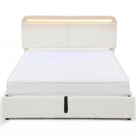 Queen Bed Frame with Charging Station, LED Lights, Adjustable Headboard, White Bed Frames White at Gallery Canada