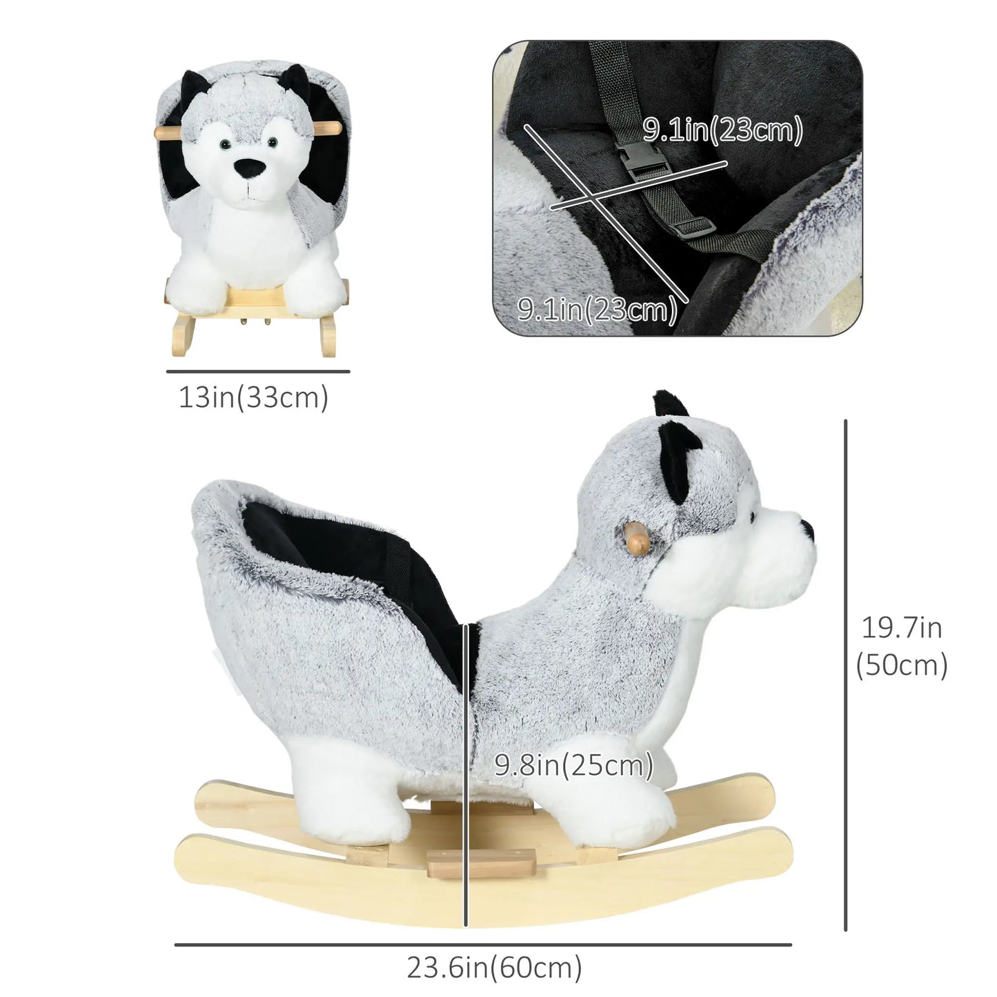 Kids Rocking Horse, Husky Plush Ride on Toy, Wooden Base, Seat Belt, 18-36 Months, Grey Rocking Horses at Gallery Canada