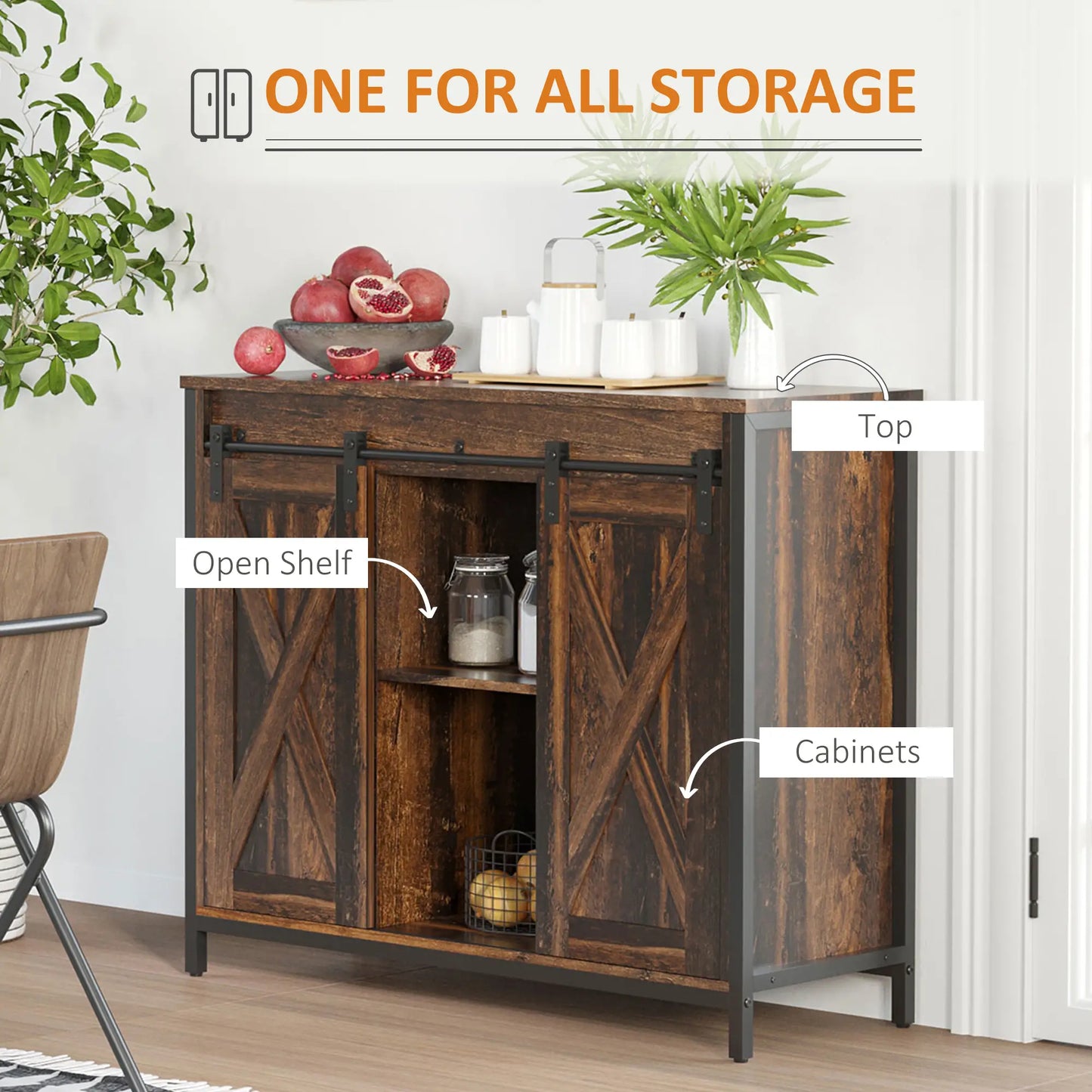 Industrial Sideboard, Buffet Cabinet with Sliding Barn Doors, Rustic Brown, Brown Bar Cabinets at Gallery Canada