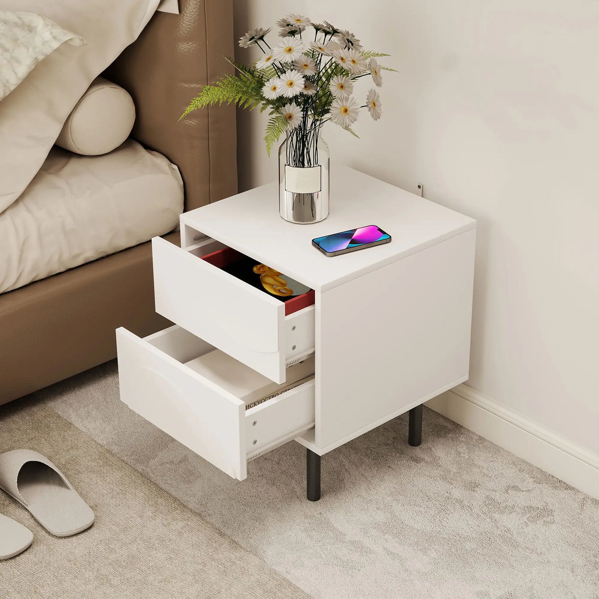 Modern Nightstand Set of 2, Push-to-Open Drawers, Steel Legs, White Bedside Tables at Gallery Canada
