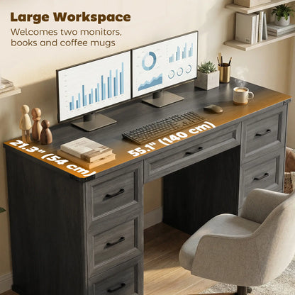 55" Computer Desk With 7 Drawers, Farmhouse Executive Desk, Black Wood Grain, Black Computer Desks at Gallery Canada
