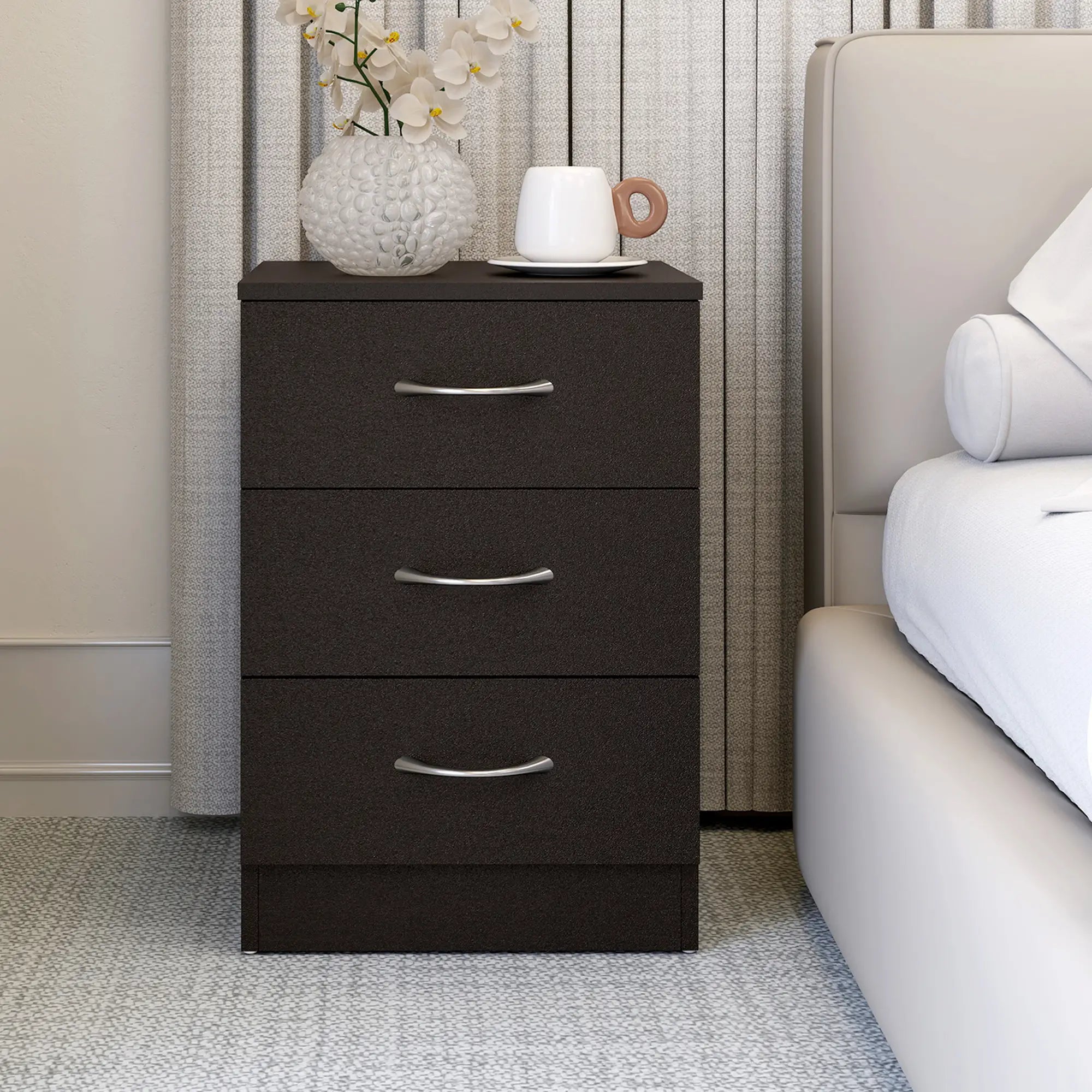 Modern Night Stand, 3 Drawers, Metal Rail, Dark Brown Bedside Tables at Gallery Canada