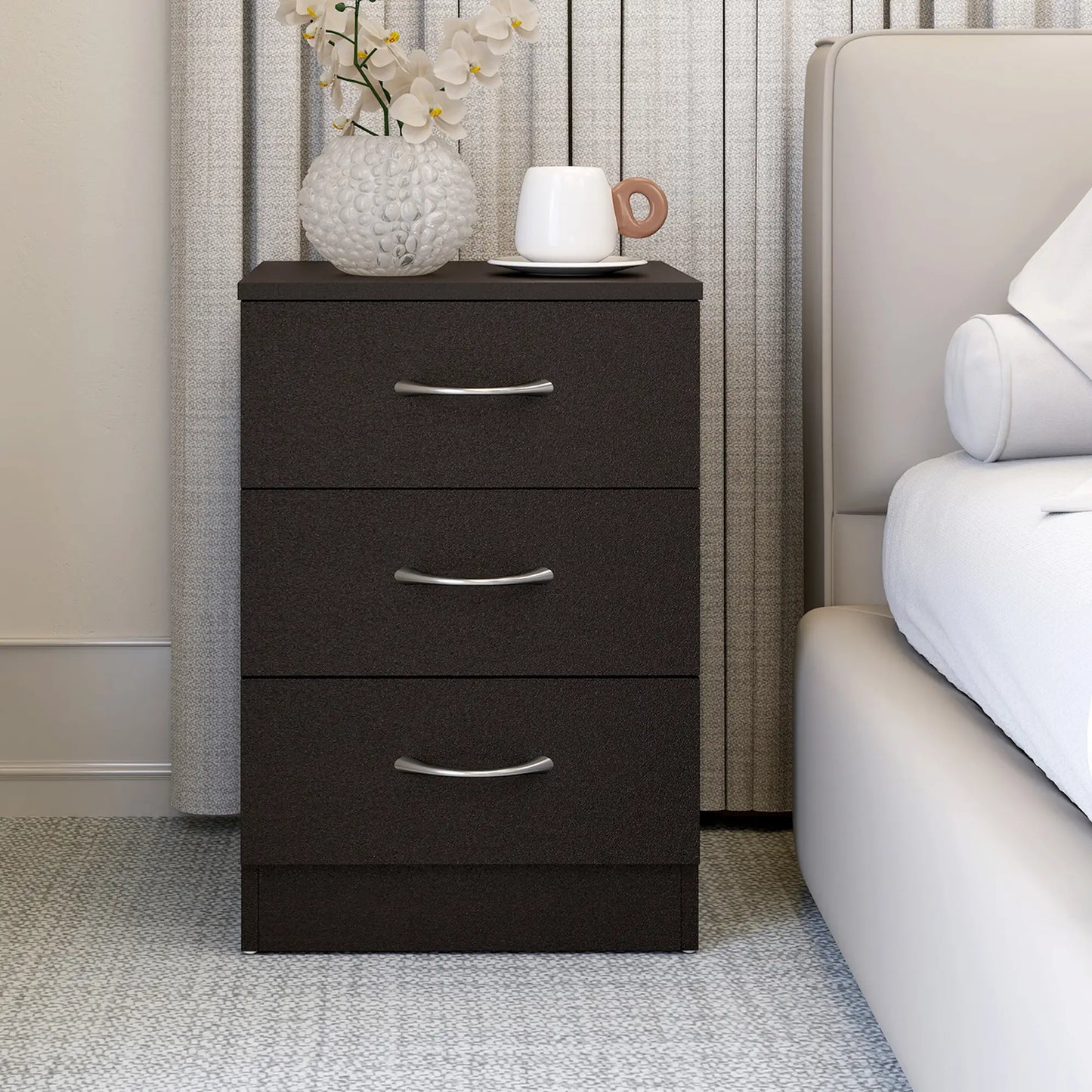 Modern Night Stand, 3 Drawers, Metal Rail, Dark Brown Bedside Tables at Gallery Canada