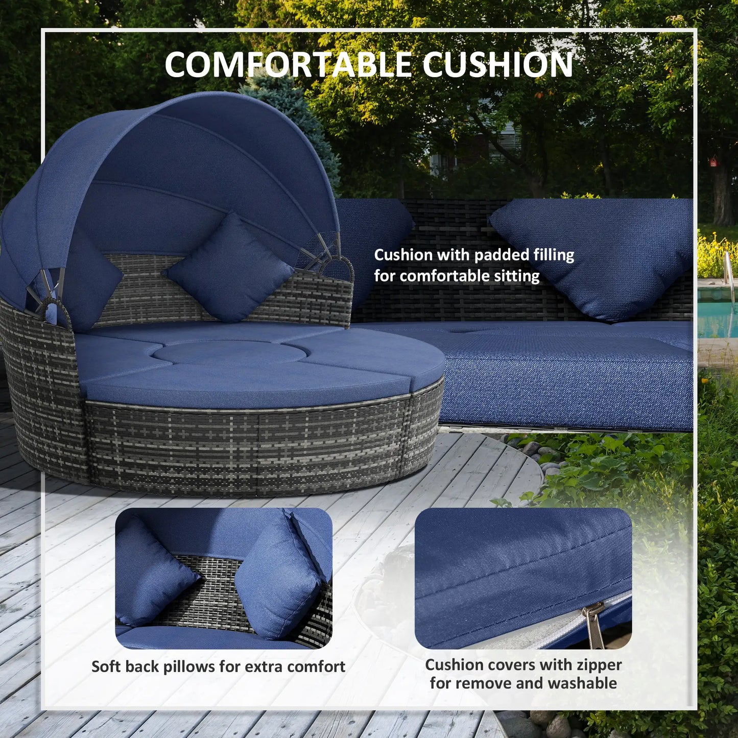 Outdoor Daybed with Canopy, Wicker Round Sofa, 4 Pieces, Dark Blue Patio Furniture Sets at Gallery Canada
