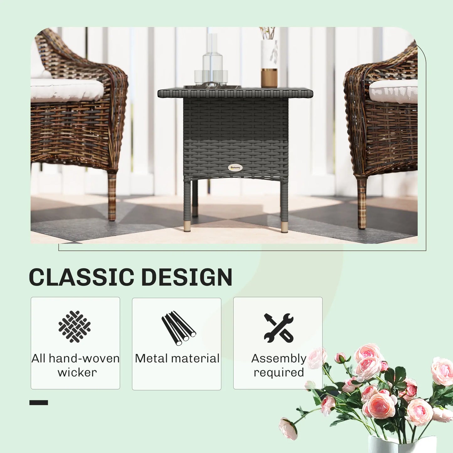 20" Square Outdoor Side Table, Grey Woven Top, Grey